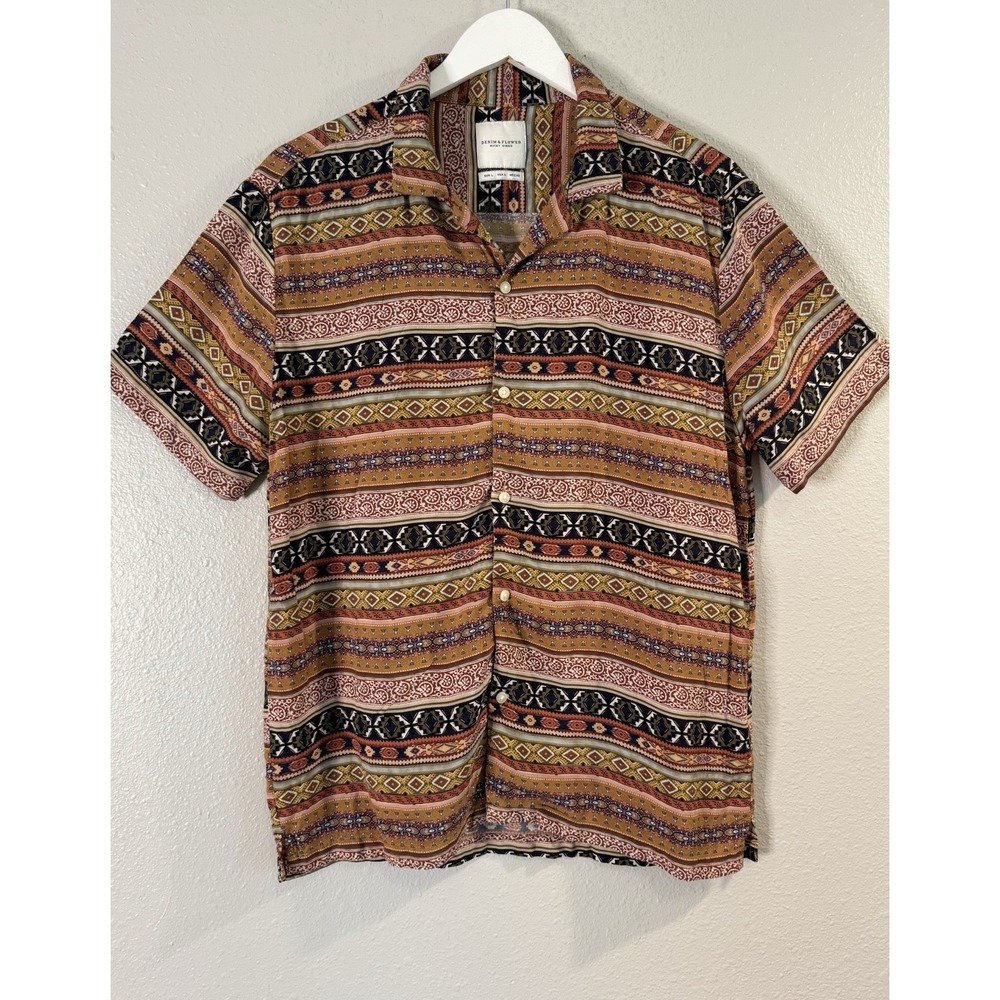 Denim & Flower‎ Ricky Singh Tribal Print Geometric Viscose Button Down Shirt L